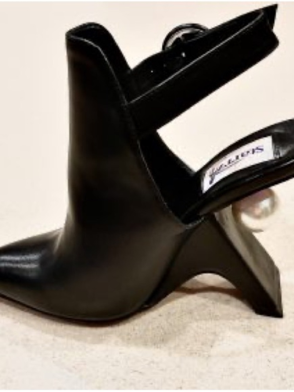 Black Leather Slingback Heels with Decorative Pearl Heel